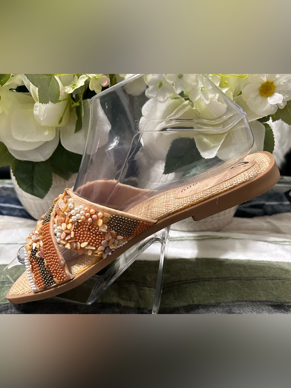 NWOT CL Launday Comfort Cushion Beaded Peach Slide Sandals for Women Size 6.5 - Picture 3 of 5